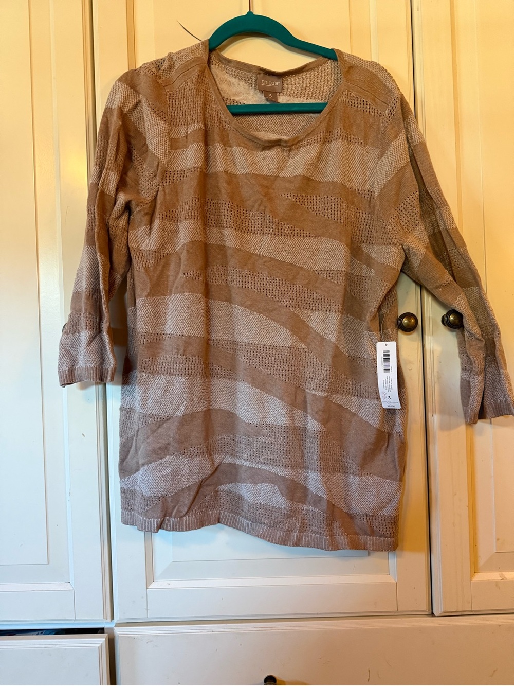 Chico's Taupe and Cream Striped Lightweight Knit Sweatshirt